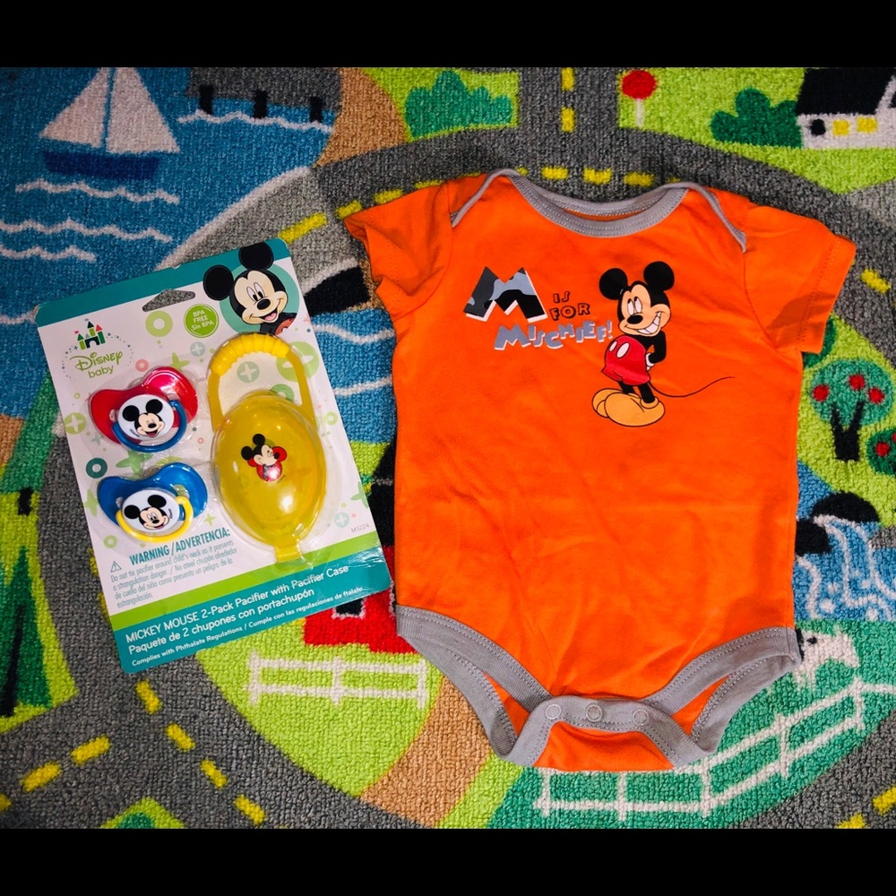Disney Baby Mickey Mouse Bundle – Onesie + 2-Pack Pacifiers (New Boutique Item)